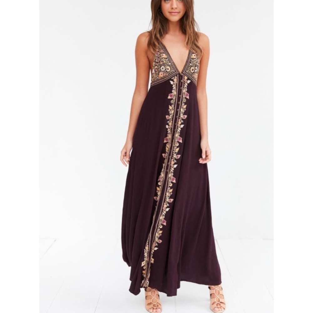 UO maroon embroidered gauze maxi dress
